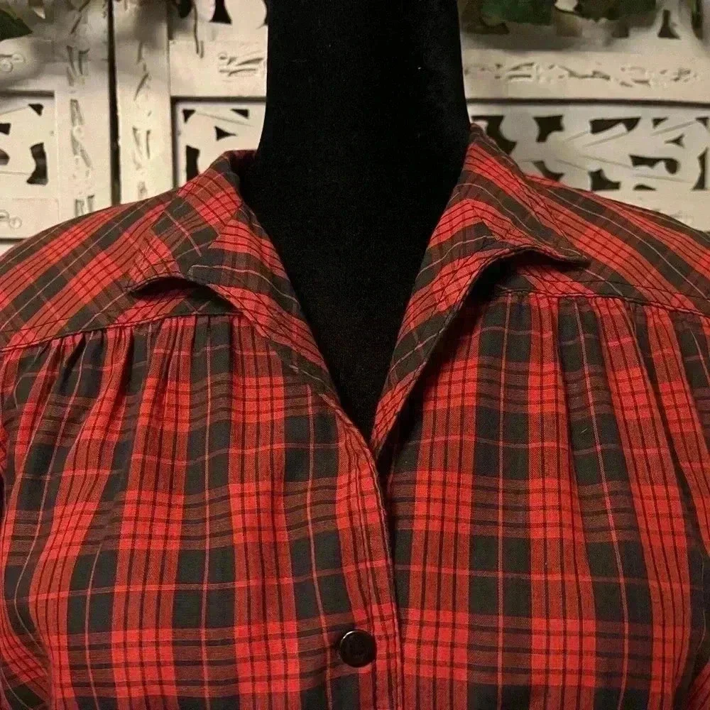 VINTAGE LESLIE FAY EXTRAORDINARY RED PLAID FIT FLARE LONG SLEEVE MIDI DRESS L
